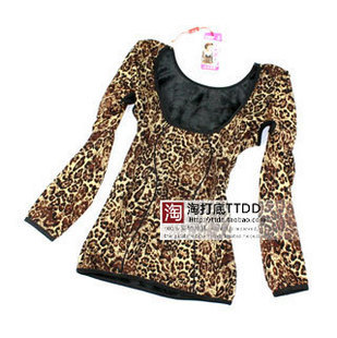 T057 underwear winter goatswool 100% cotton women's large collar low collar leopard print long-sleeve thermal underwear