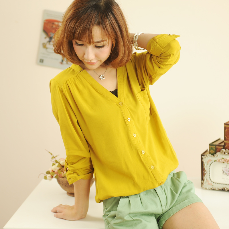 T3-4 spring 2013 women's candy color long-sleeve shirt spirals V-neck clairvoyant outfit