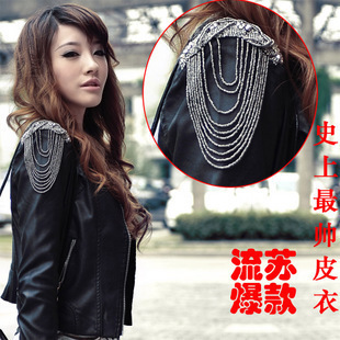 Tassel hot-selling 2012 single epaulette short design PU water wash small leather clothing women outerwear jacket motorcycle