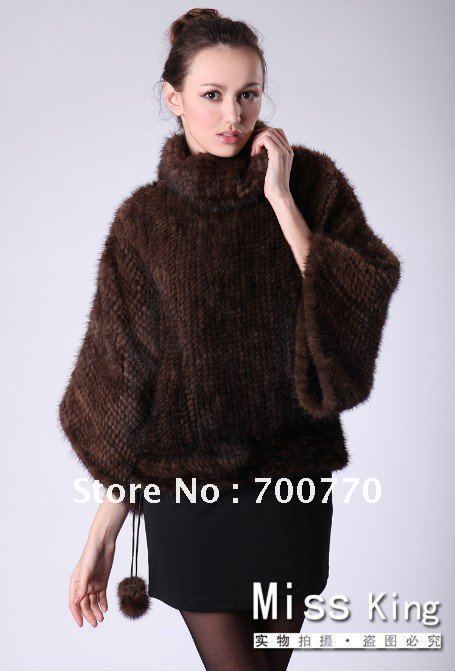 #TB2001 Brown Genuine Mink Fur batwing sleeve Knit Jacket, Retail/Wholesale/Free Shipping