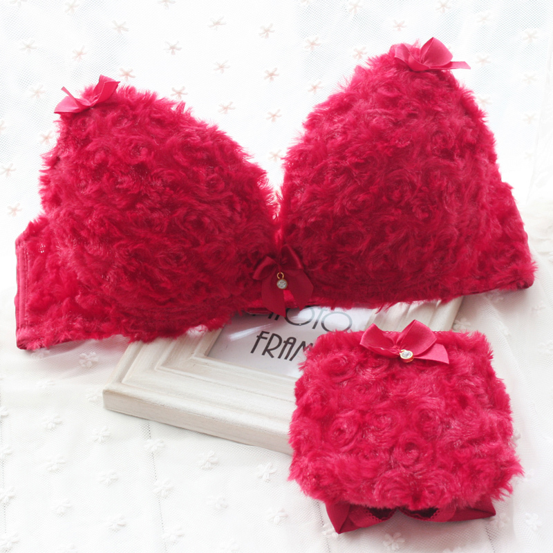 Teddy plush pink autumn and winter furry princess push up bra set Wine red