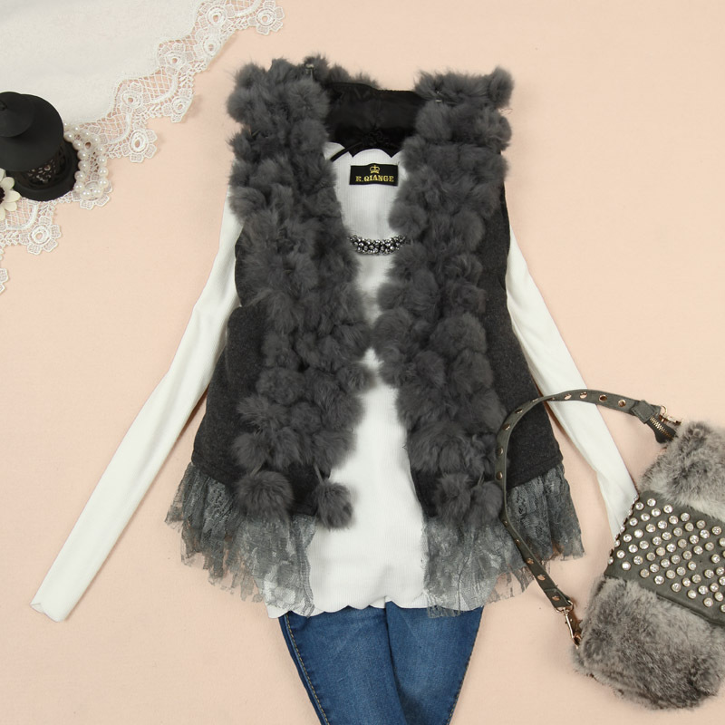 Temperament Korean rabbit fur vest Fashion lace cardigan jacket women small Vest winter outerwear