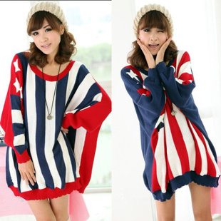 The american flag red, color block bars wave laciness loose sweater   pullover Free Shipping