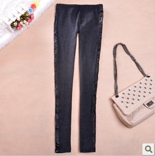 The brand cotton leggings of womens 2013 new thickening leather on both sides of patchwork decoration tight sexy club trousers