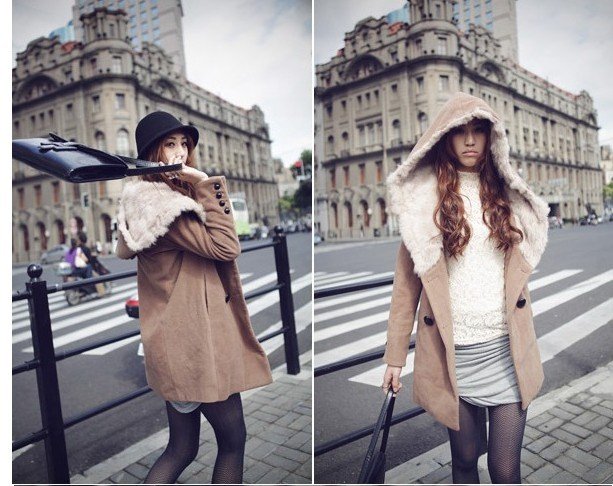 The camel COLOR , rabbit fur collar wool coat woolen overcoat female thick wool coat