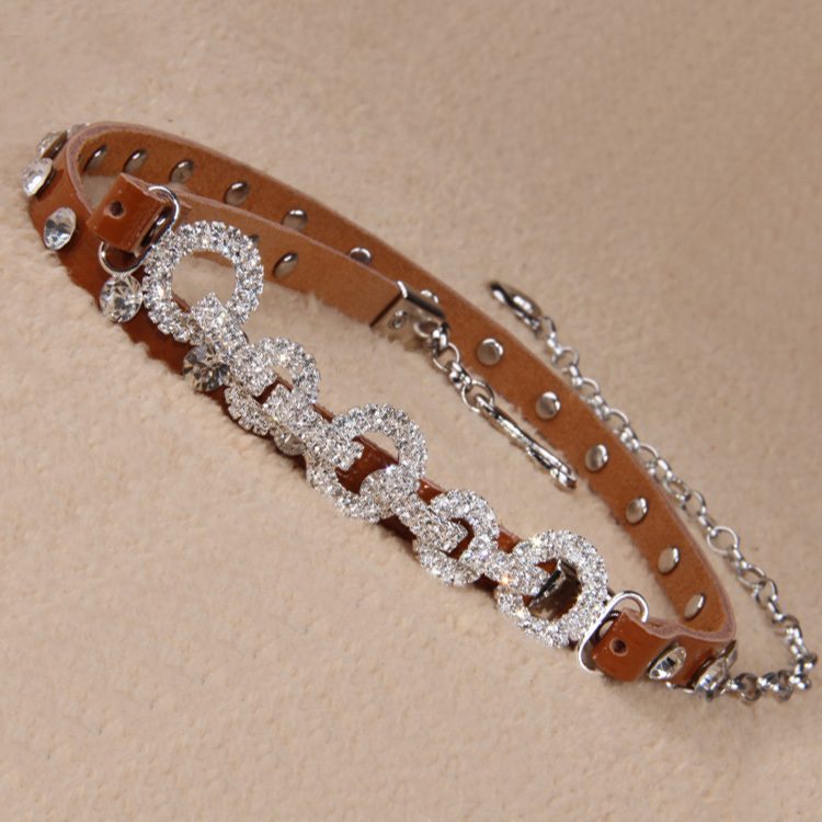 The first layer of leather rhinestone genuine leather thin belt women's rings diamond pieces decoration rings lanyards strap