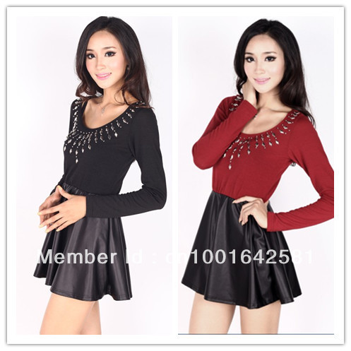 The new autumn and winter nightclub sexy bottoming shirt faux leather knit stitching Diamond short mini dress Free Shipping