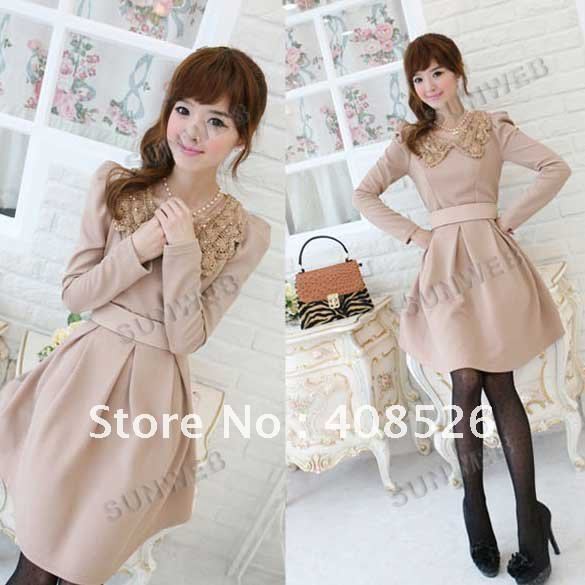 The New Design Korea Women's Elegant Paillette Hook Flower Lapel Long Sleeve Round Neck Slim Fit Dress 3486