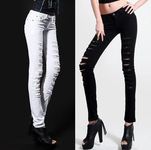 The new hole in women's feet pencil thin beggar pants jeans trousers, black and white Free Shipping 2013 WGN 044