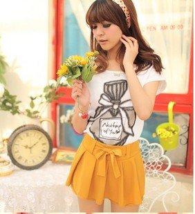 The new lady Slim thin ribbon belt sweet chiffon pleated shorts culottes Q2368 #