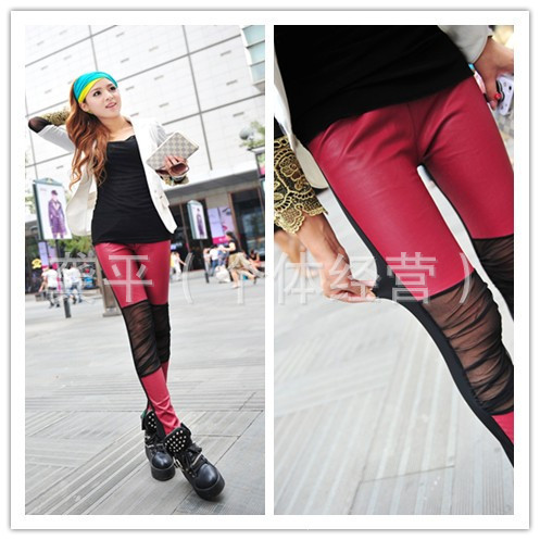 The original single Korean fashion new knee gauze stitching leather-female Leggings autumn and winter pantyhose  free shipping