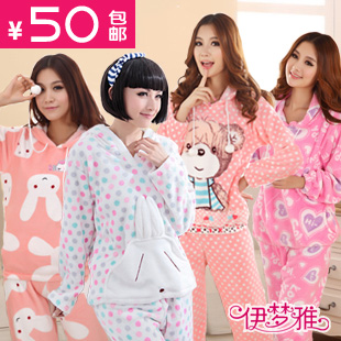 The rascal rabbit bear heart thickening coral fleece lounge cartoon rabbit with a hood long-sleeve sleep set