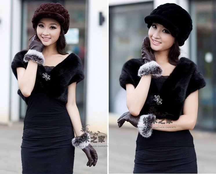 The real thing lady leather gloves winter fashion warm skin rabbit hair red gloves