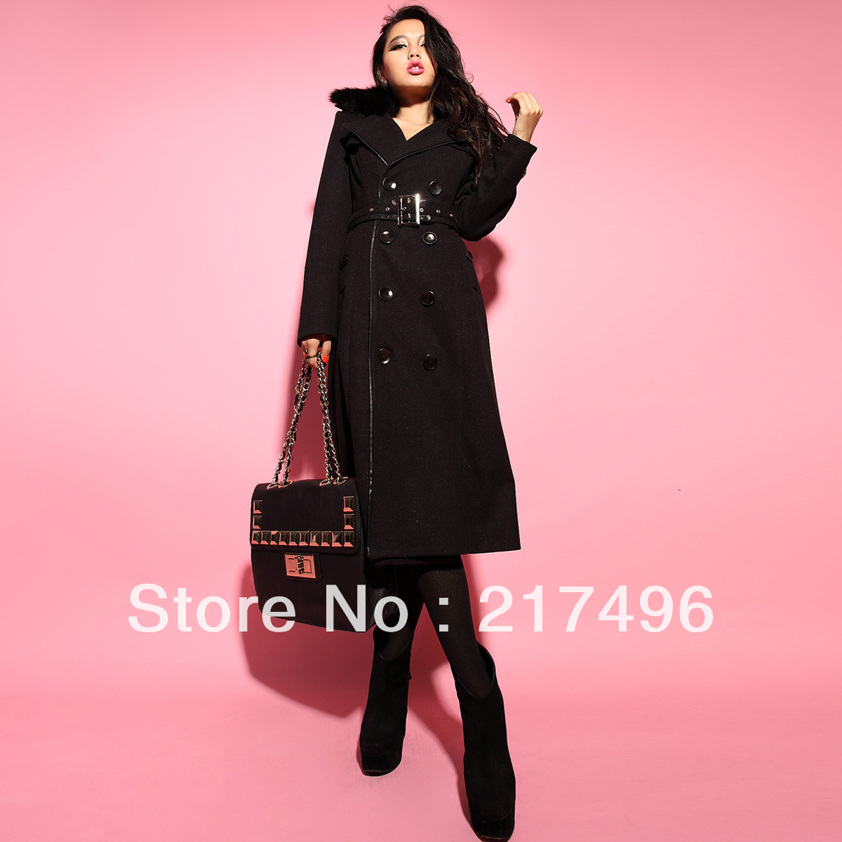 The retro uniforms windy rabbit fur collar double-breasted leather stitching long section of woolen coat long overcoat