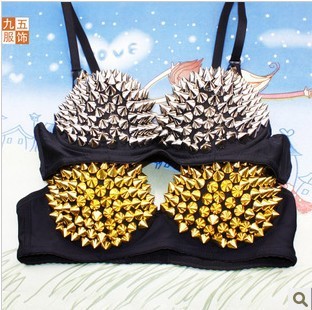 The rivets Bra Disco Nightclub Bar Dance Hip-hop Punk Durian Hedgehog Gather Large Size Lingerie Bra Free Shipping