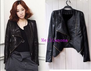 The super burst `oblique zipper detachable washed PU black leather jacket FREE shipping