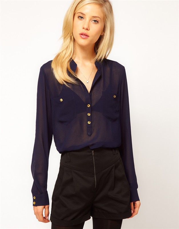 The synchronization models aso @ official website of the European and American Wind perspective gold buckle chiffon shirt