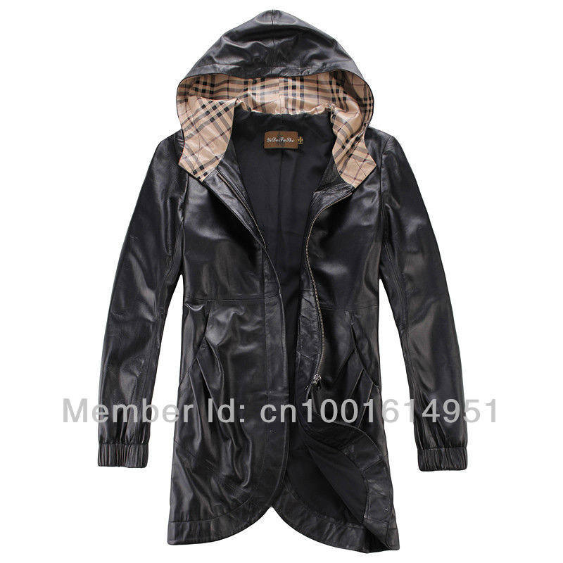 The top sheepskin female the long paragraph genuine leather dress, hooded, tight sleeves