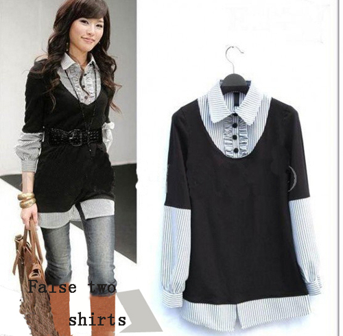 The trend of fashion spring and autumn women's top turn-down collar faux two piece long-sleeve slim waist shirt 205