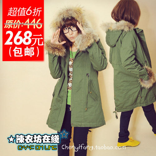 The trend of the raccoon fur tooling cotton-padded jacket loose plus size wadded jacket long design outerwear Army Green