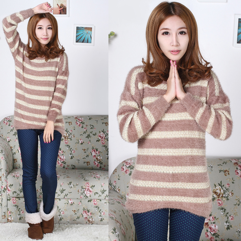 The trend of winter sweater plush color block o-neck loose faux long-sleeve