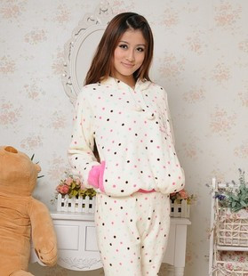 Thermal autumn and winter coral fleece set dot long-sleeve casual female lounge sleepwear