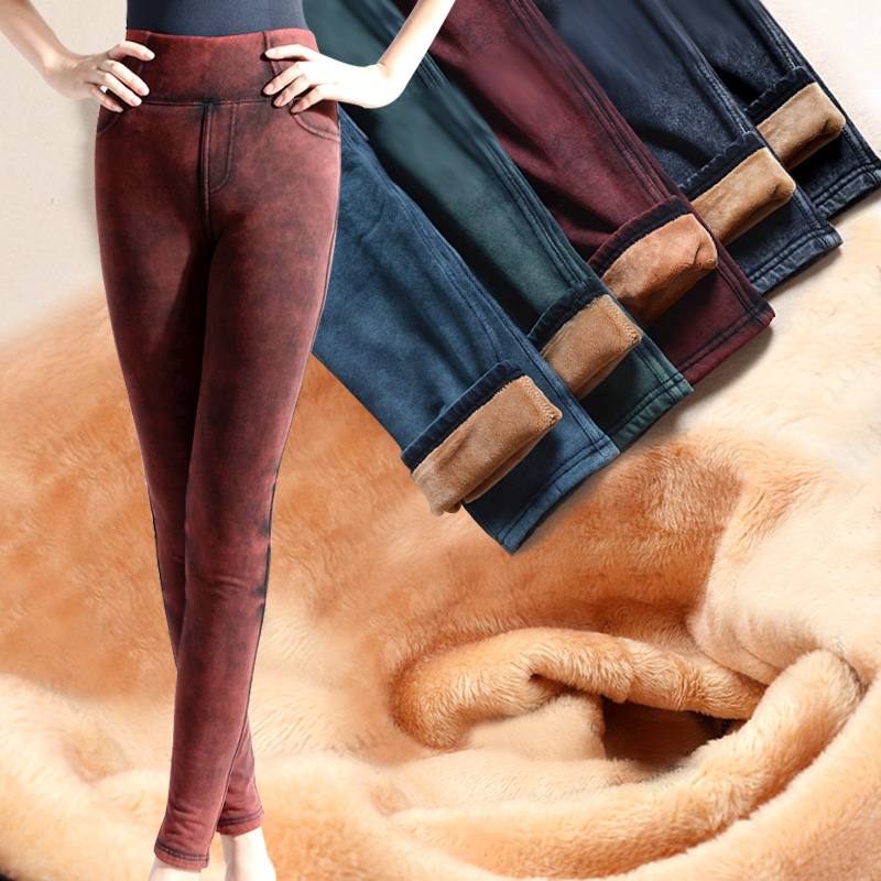 Thermal autumn and winter thickening high waist legging faux denim slim plus velvet thermal female trousers