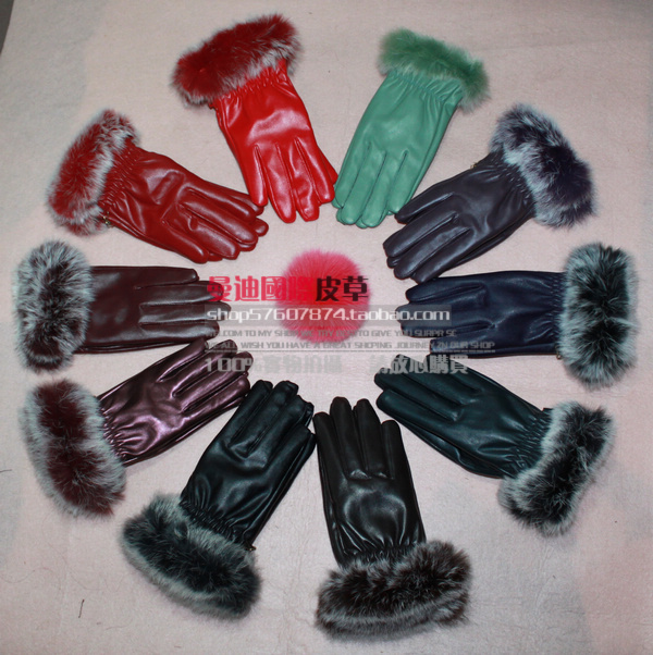 Thermal gloves round rabbit fur leather gloves chromophous thermal