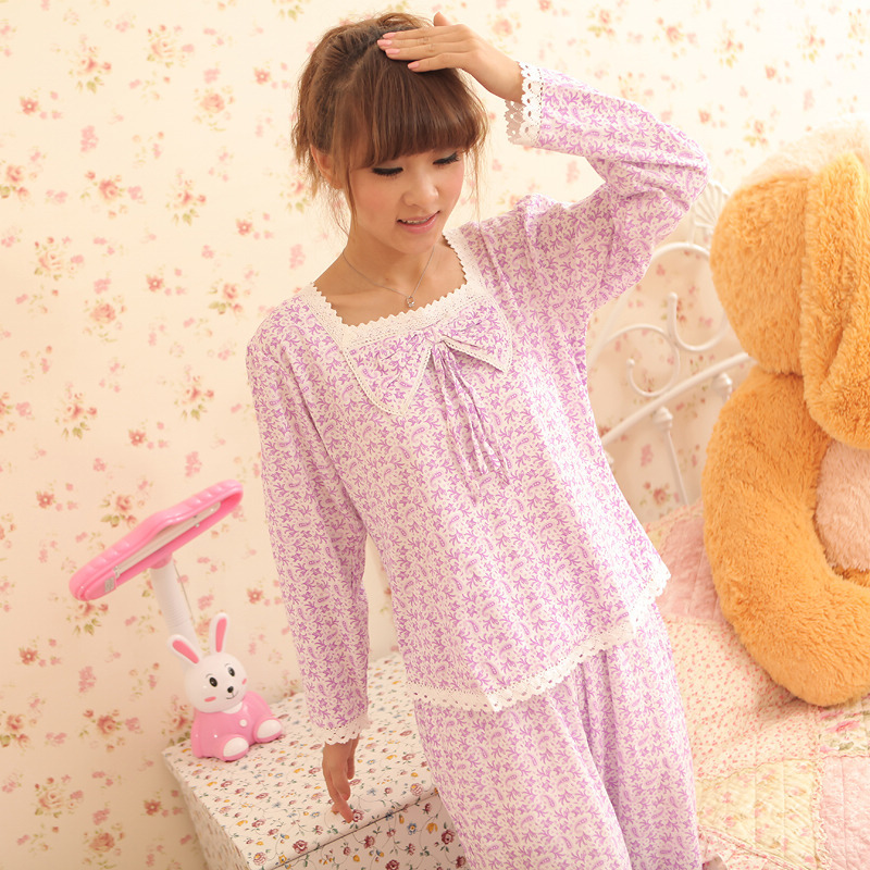 Thermal new arrival spring and autumn womens knitted cotton sleepwear long-sleeve lounge twinset