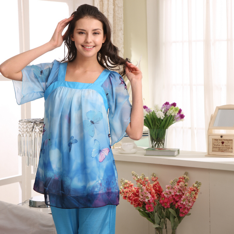 Thermal spring and summer women's faux silk sleepwear lounge short-sleeve set brief sexy 85013