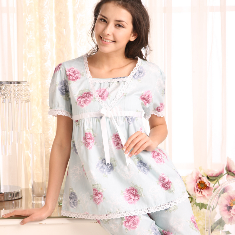 Thermal summer women's short-sleeve sleepwear sweet princess woven 100% cotton fabric lounge twinset