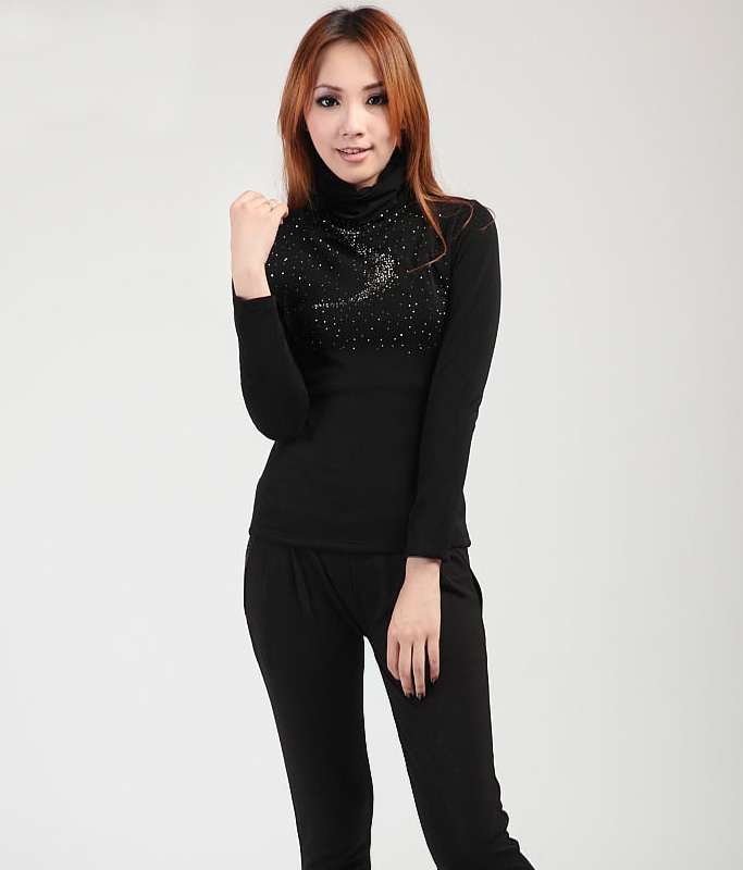 Thermal top thermal underwear thickening plus velvet female black autumn and winter turtleneck lace long-sleeve basic shirt