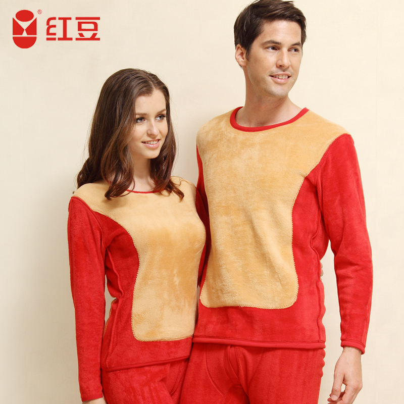 Thermal underwear  golden flower wool thickening plus velvet male women's lovers o-neck basic underwear set