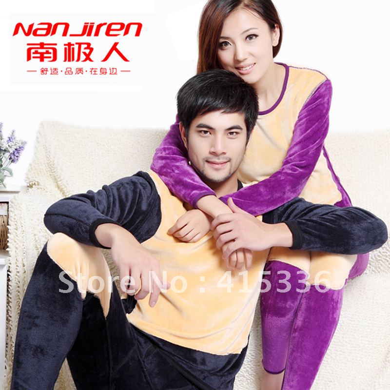 Thermal underwear o-neck double layer thickening plus velvet female male golden flower lovers thermal set free shipping