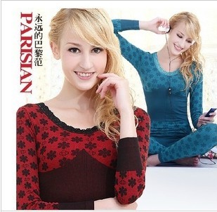 Thermal underwear set lace o-neck cotton sweater elastic beauty care jacquard beauty care body shaping thermal