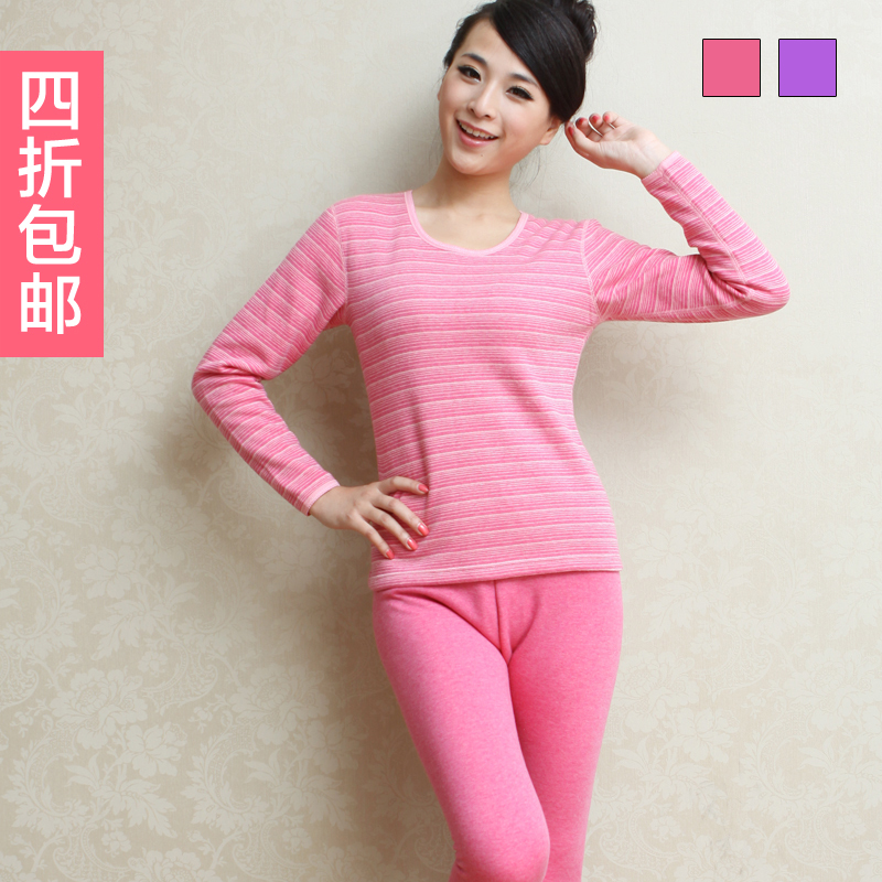 Thermal underwear thickening plus velvet women's long-sleeve set autumn and winter 100% cotton o-neck stripe