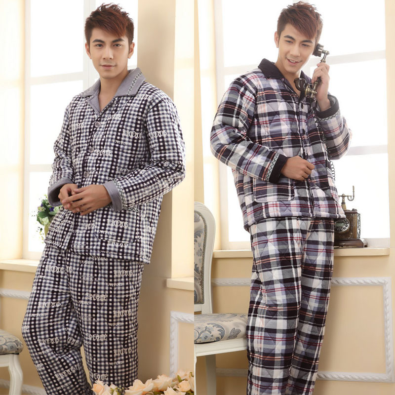 Thermal winter male thickening cotton-padded coral fleece sleepwear set brief men's long-sleeve lounge