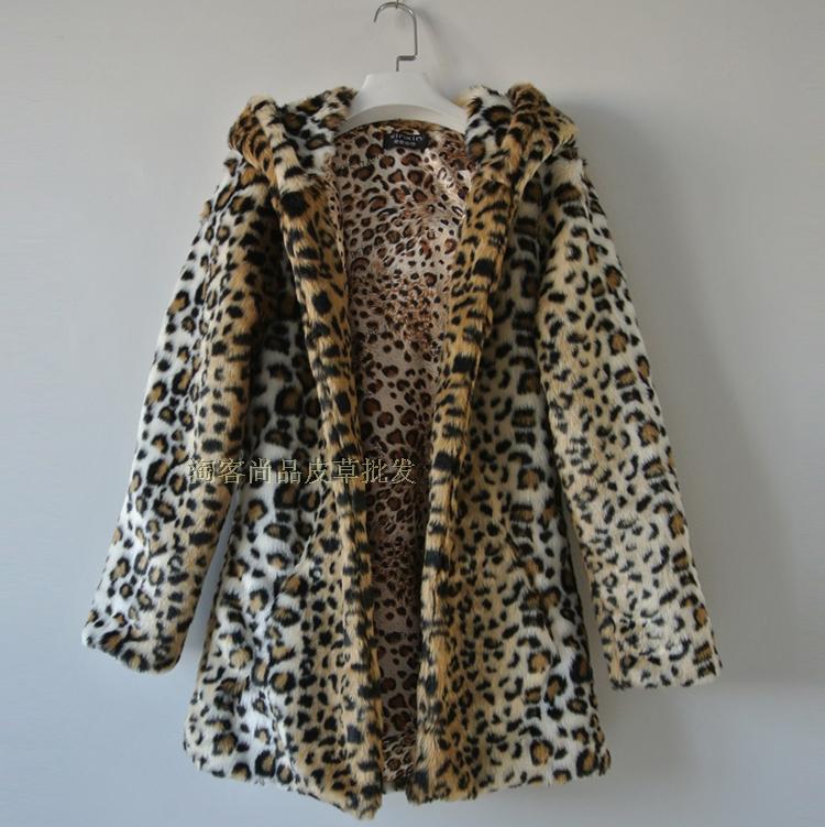 Thick fur coat cap leopard print overcoat outerwear medium-long faux fur women's autumn and winter