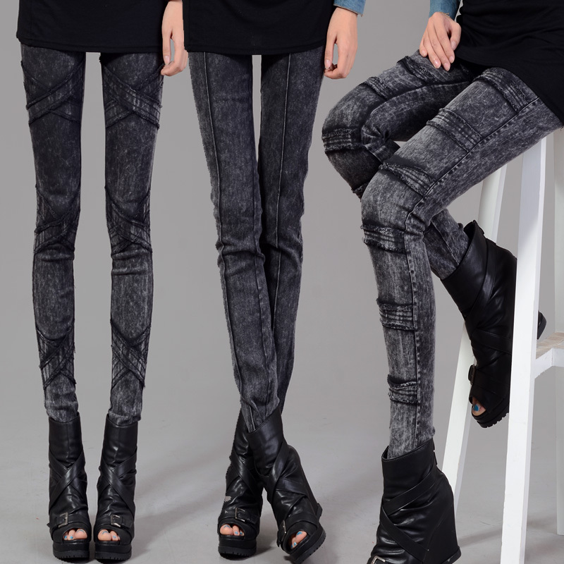 thick snowflake slim thighs skinny jeans black denim leggings skulls rivet pencil pants