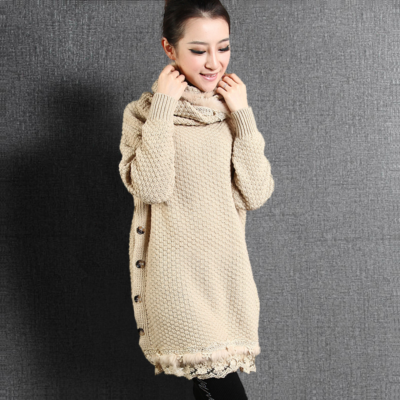 Thick sweater female loose pullovers outerwear dress medium-long O-Neck Wool Knitted