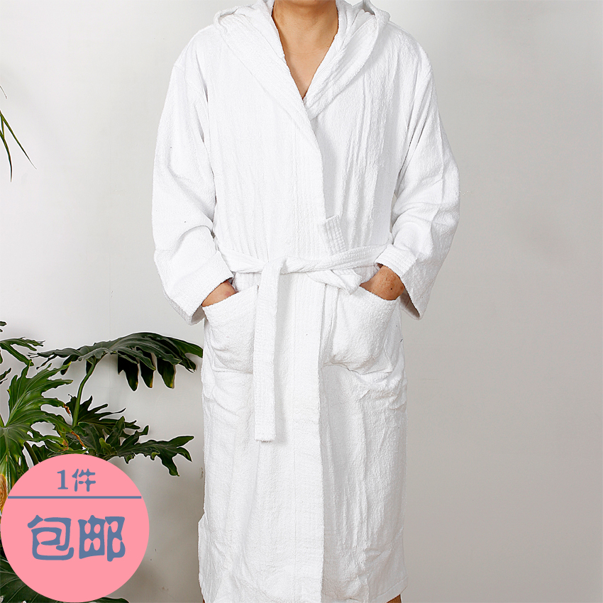 Thick white 100% cotton terry cloth male winter long design with a hood bathrobe robe sleepwear