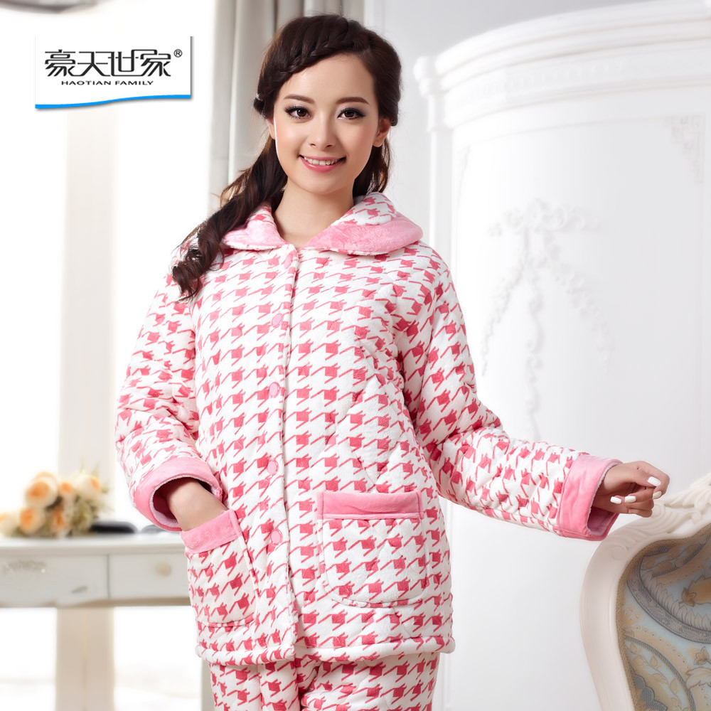 Thickening coral fleece cotton-padded sleepwear twinset pink women's lounge