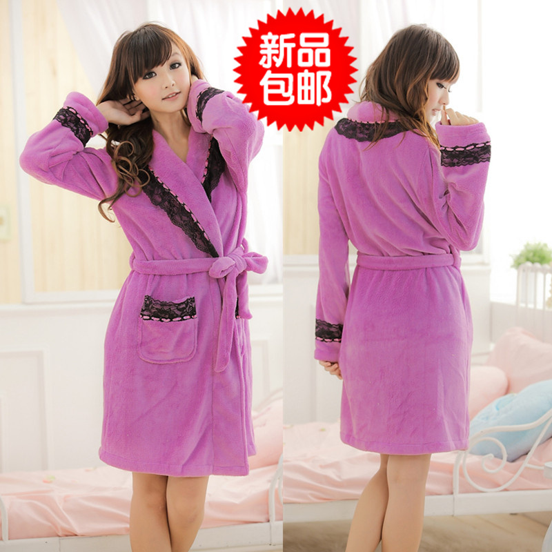 Thickening coral fleece long-sleeve sleepwear nightgown robe lace decoration women's lounge