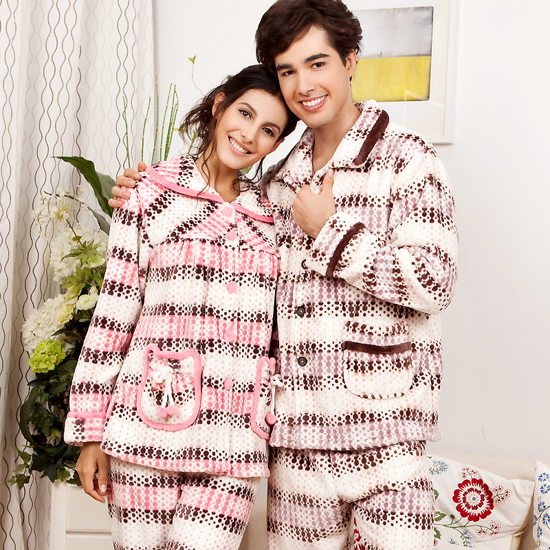 Thickening coral fleece lovers sleep set at home service dot small lapel lounge