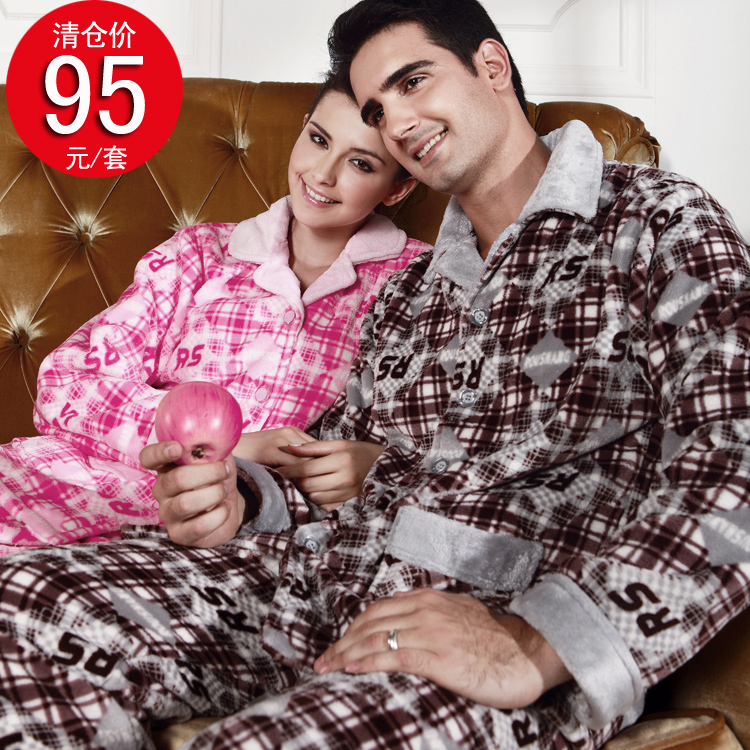 Thickening coral fleece lovers sleep set male women's autumn and winter thermal lovers lounge