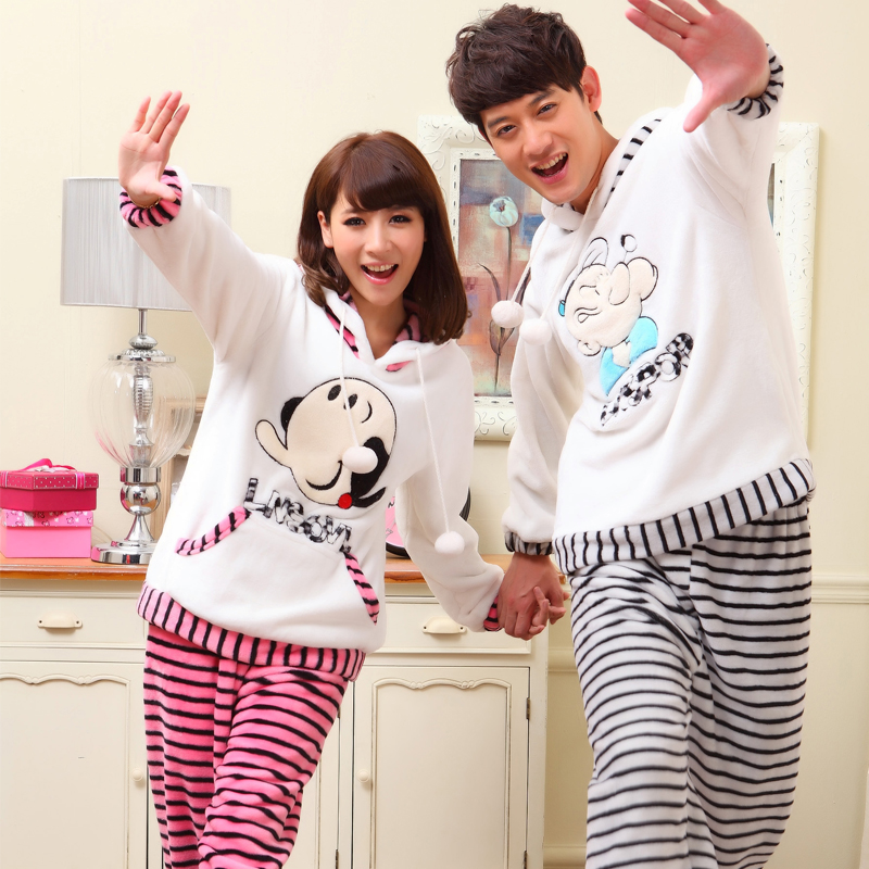 Thickening coral fleece lovers sleepwear male women's set cartoon POPEYE long-sleeve coral