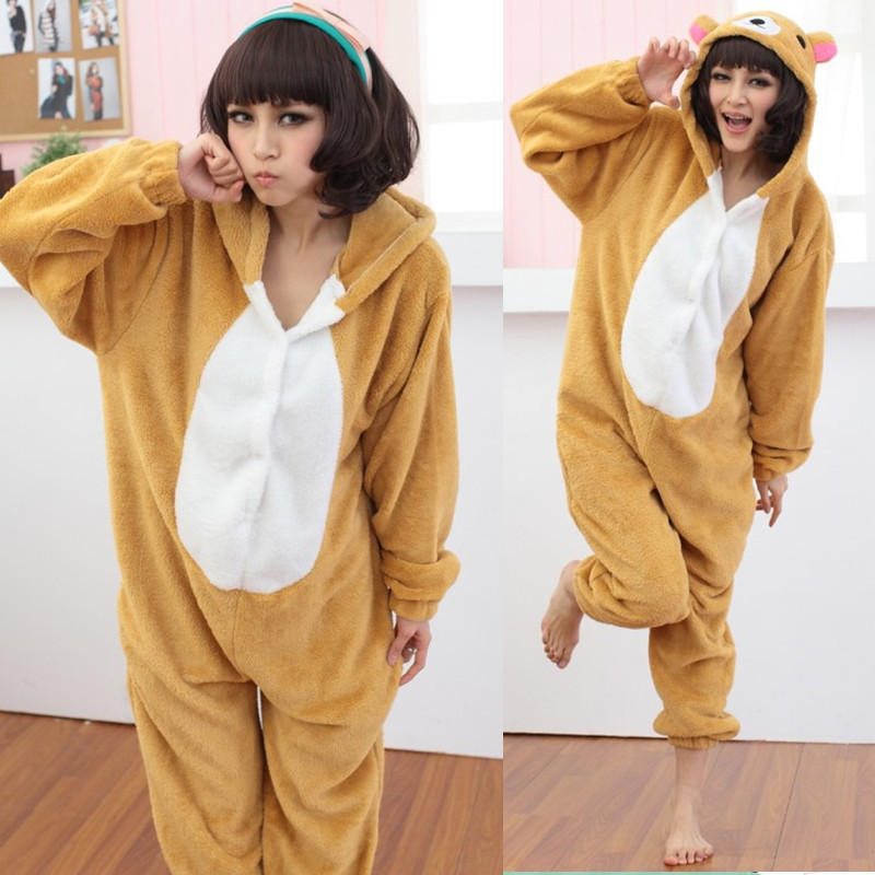 Thickening coral fleece one piece sleepwear male cotton female cartoon bear long-sleeve plus size lounge set