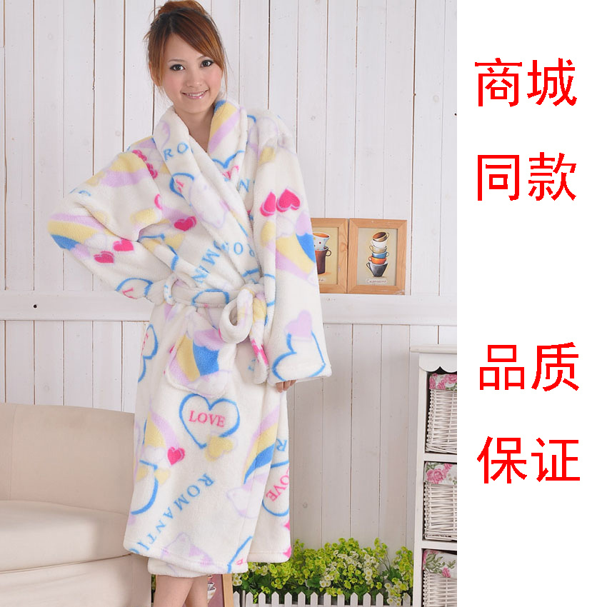 Thickening coral fleece print heart robe lounge sleepwear bathrobe bathrobes long-sleeve