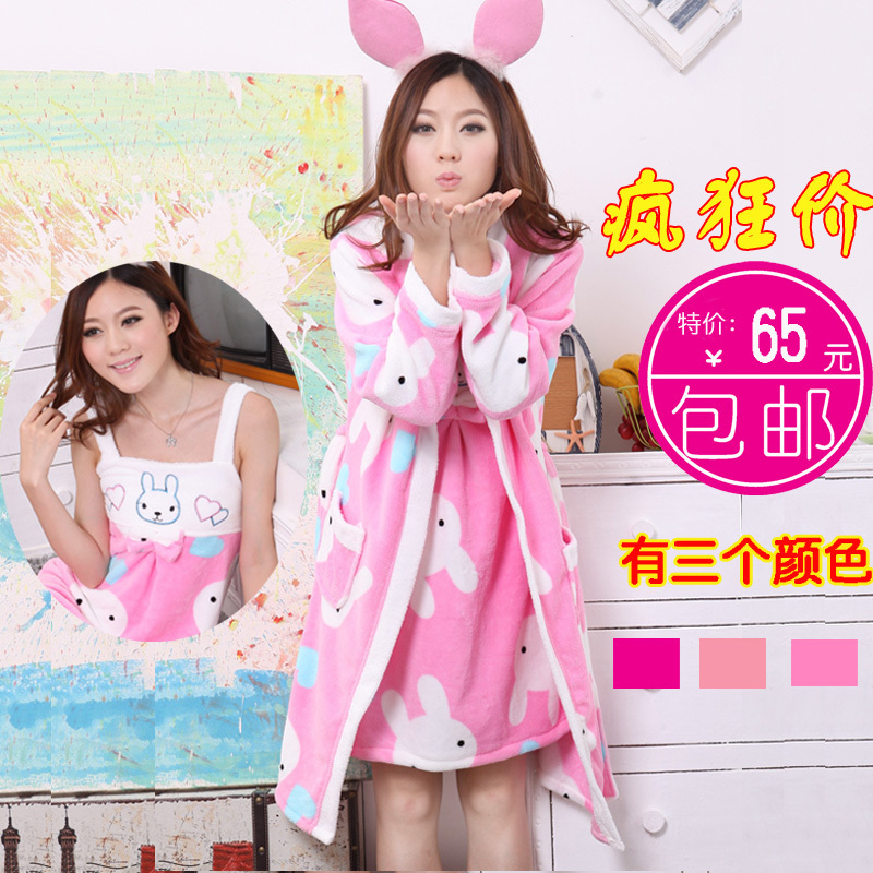 Thickening coral fleece robe 2 piece set female bathrobe spaghetti strap cartoon autumn and winter sleepwear lounge