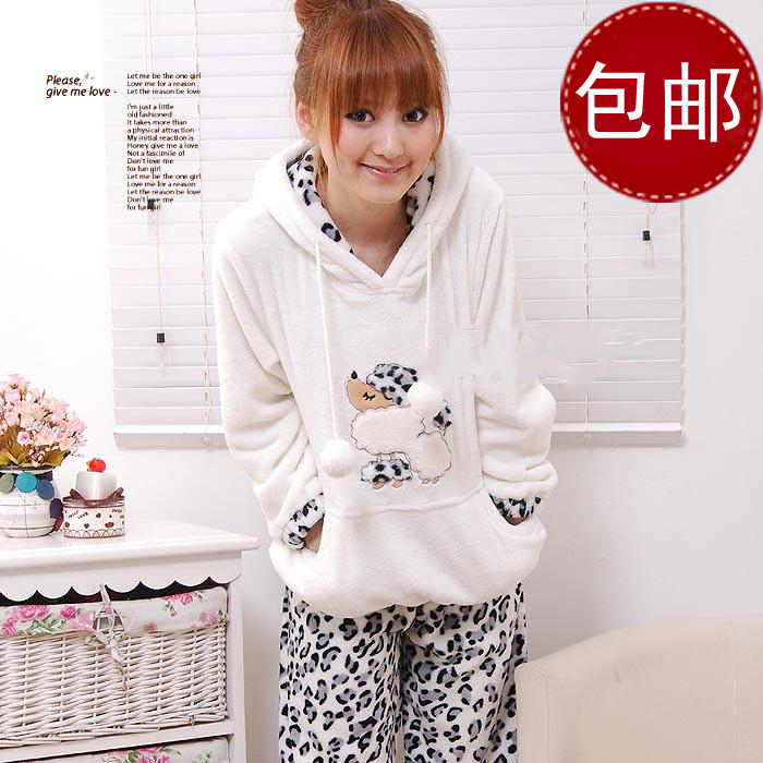 Thickening coral fleece sleepwear female autumn and winter cartoon with a hood princess white set lounge leopard print